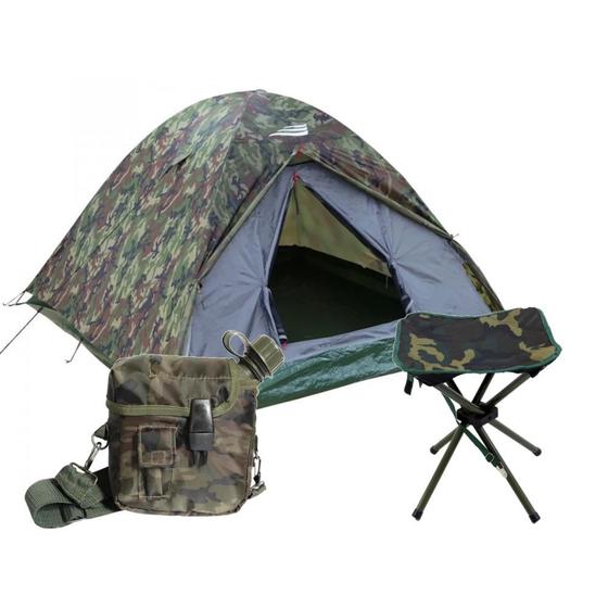 Imagem de Kit Banqueta Camping + Cantil + Barraca Ntk 3/4 Pessoas Selvas Camuflada  Nautika 