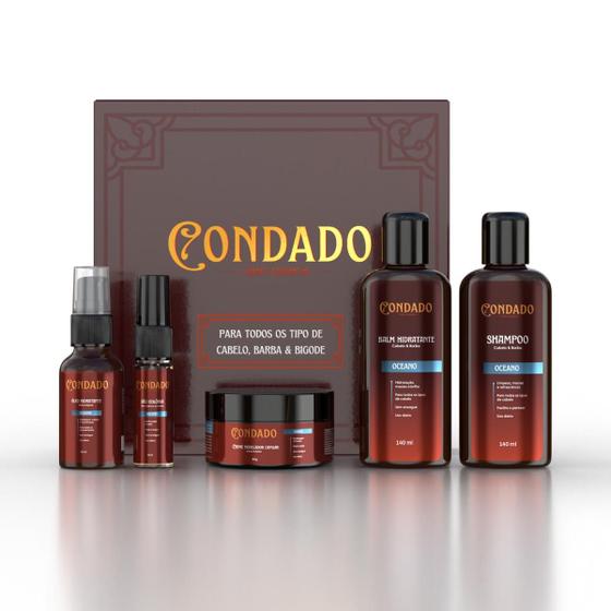 Imagem de Kit Barba Cabelo Bigode Oceano Condado Clássico 5 itens Shampoo Balm Hidratante Óleo Modelador Colônia Presente