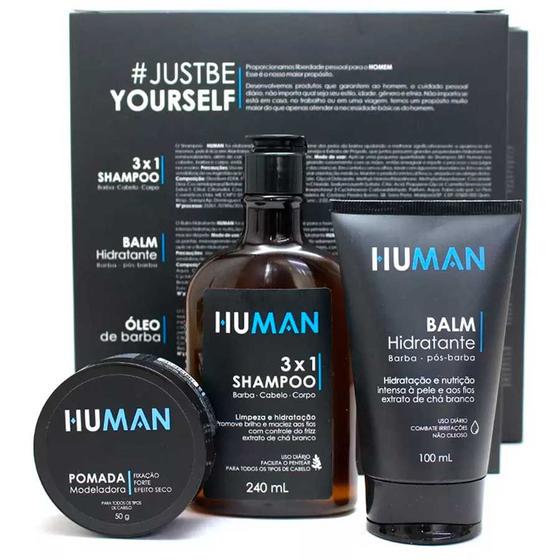 Imagem de Kit Barba e Cabelo: Shampoo 3x1 + Balm + Pomada Efeito Seco Human