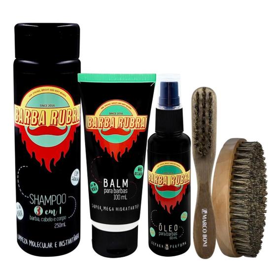 Imagem de Kit Barba Rubra Com Óleo, Shampoo 3X1, Balm E Escovinhas