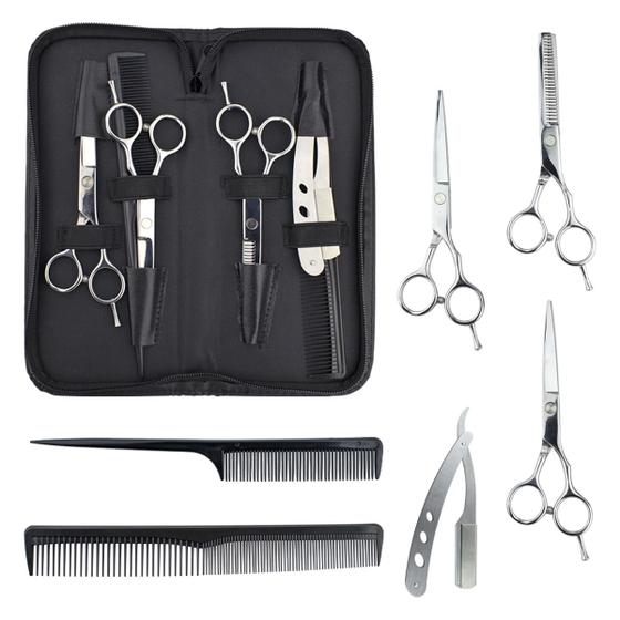 Imagem de Kit Barbeiro Aço Inox Cabeleireiro Tesouras Navalha Pentes Barbearia Profissional 