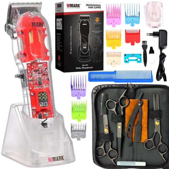 Imagem de Kit Barbeiro Completo Máquina De Cortar Cabelo Wmark Ng-407 + Kit De Tesouras E Acessórios