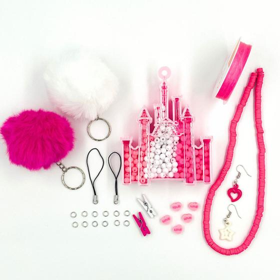 Imagem de Kit Barbie Miçangas Pingente Pompom Pulseira Colar Bijuteria Infantil + Caixa
