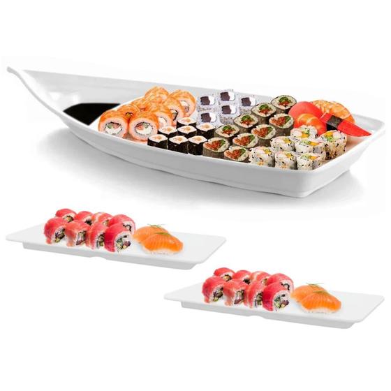 Imagem de Kit Barca 58 Cm + 2 Pratos Reto para Sushi Melamina Branco  Bestfer 