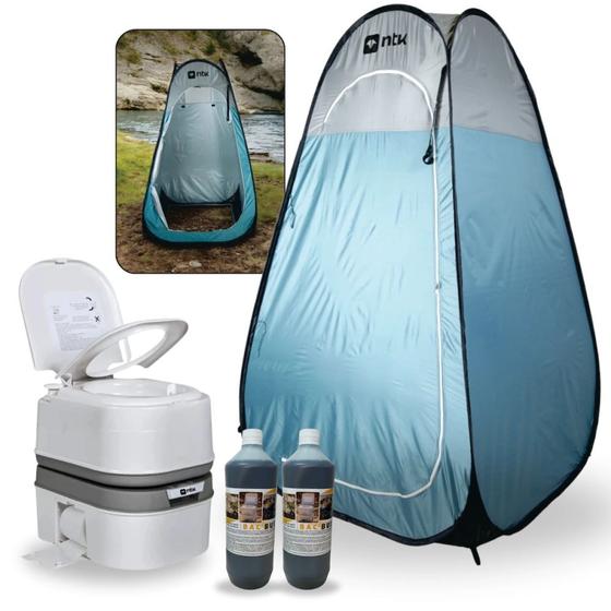 Imagem de Kit Barraca Banheiro Trocador Pop Up + Vaso Sanitario Portatil Porta Potti Ecocamp 24 L + 2 Solventes  Nautika 