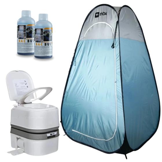 Imagem de Kit Barraca Banheiro Trocador Pop Up + Vaso Sanitario Portatil Porta Potti Ecocamp 24 L + 2 Solventes Sanitario 250 Ml  Nautika 