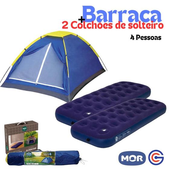 Imagem de Kit Barraca Camping 4 Pessoas + 2 Colchão Inflável de Casal Bomba Embutida Camping Praia Mor