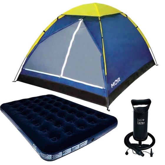 Imagem de Kit Barraca para Camping Até 4 Pessoas + Colchão Inflável Casal + Bomba 