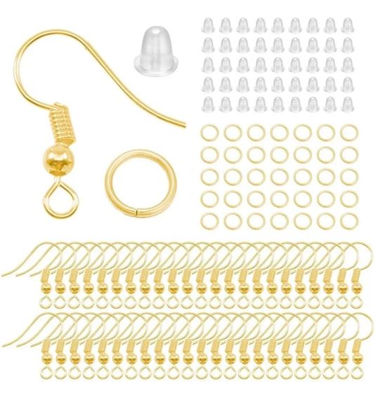 Imagem de Kit Base Brinco Anzol Com Tarraxa E Argolinha-18mm 300 Peças Dourado