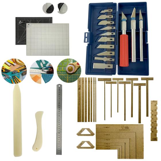 Imagem de Kit Base de Corte 60x45 Gabarito Encadernação Cartonagem Esquadros Estilete de Precisão Régua 60cm Dobradeira Vincador