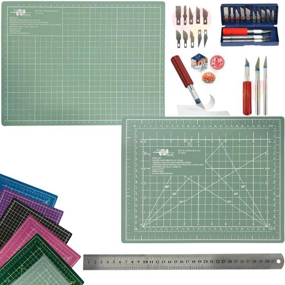Imagem de Kit Base de Corte A4 30x22cm Multiuso Costura Artesanato Patchwork Desenho Jogo Estilete Precisão 13 Peças Regua Metal 30cm