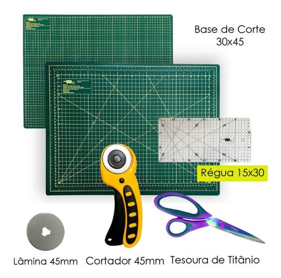 Imagem de Kit Base De Corte Iniciante 45x30 Dupla Face Régua 15x30 Tesoura de Titânio Cortador 45mm Disco