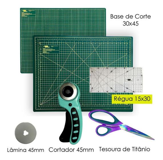 Imagem de Kit Base De Corte Iniciante 45x30 Dupla Face Régua 15x30 Tesoura de Titânio Cortador 45mm Disco