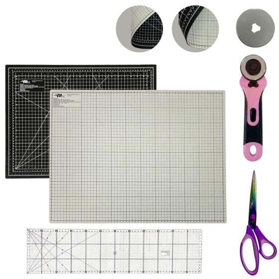 Imagem de Kit Base de Corte Placa Apoio para Mesa A2 45x60cm Tesoura de Titanium Régua Acrílico15x60cm Cortador de Tecidos e Papel 45mm