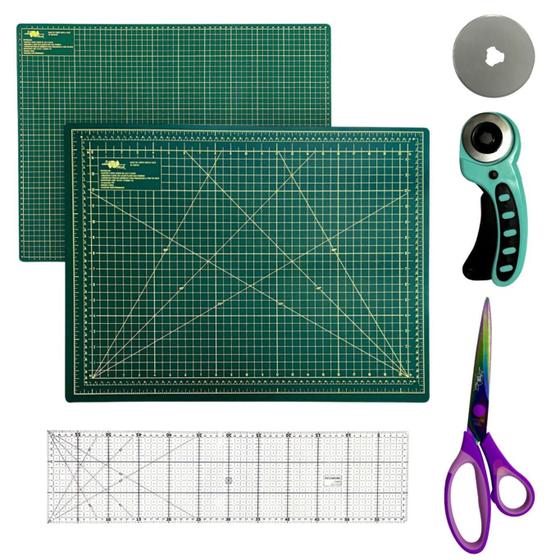 Imagem de Kit Base de Corte Placa Apoio para Mesa A2 45x60cm Tesoura de Titanium Régua Acrílico15x60cm Cortador de Tecidos e Papel 45mm