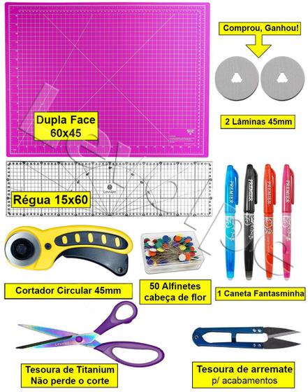 Imagem de Kit Base De Corte Rosa 60x45 + Regua 15x60 + Cortador 45mm + Tesouras