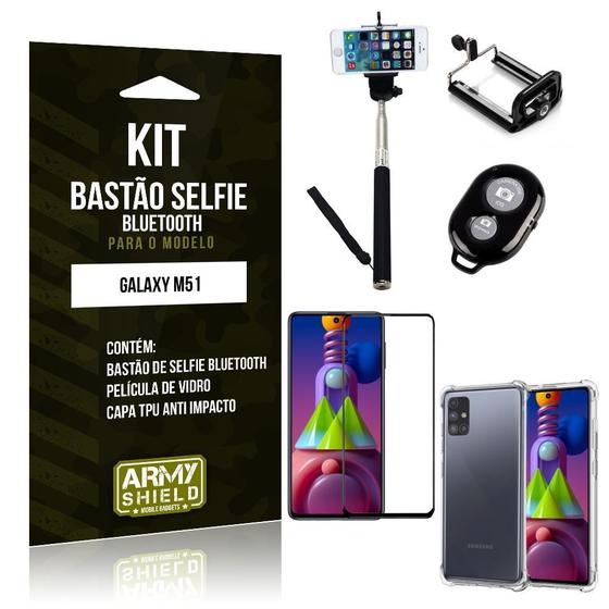 Imagem de Kit Bastão de Selfie Bluetooth Galaxy M51 +Capinha Anti Impacto +Película Vidro 3D - Armyshield