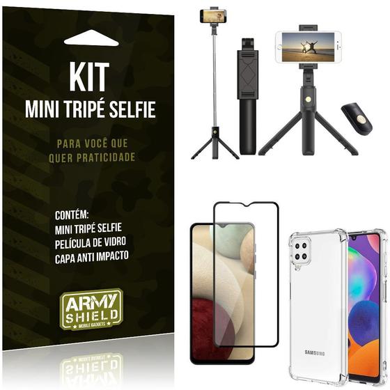 Imagem de Kit Bastão Selfie Bluetooth com Tripé para Galaxy A12 6,5" + Capa + Película 3D