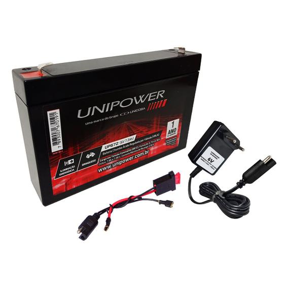 Imagem de Kit Bateria 6V 7,2ah Unipower + Carregador + Chicote - Motos