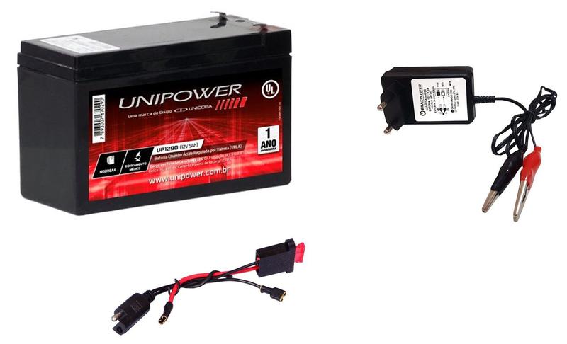 Imagem de KIT Bateria Gel 12V 9Ah Unipower + Chicote + Carregador 12V Led