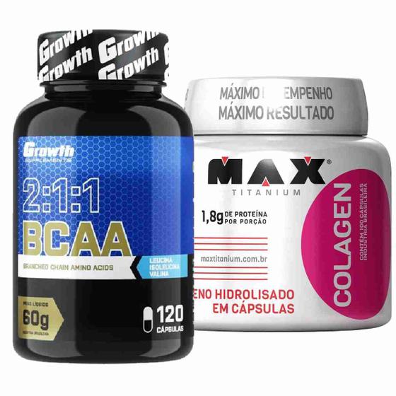 Kit Bcaa 120 Caps Growth + Colágeno 100 Caps Max Titanium Growth
