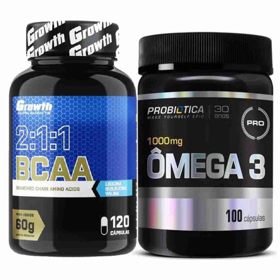 Imagem de Kit Bcaa 120 Caps Growth + Omega 3 100 Caps Probiotica