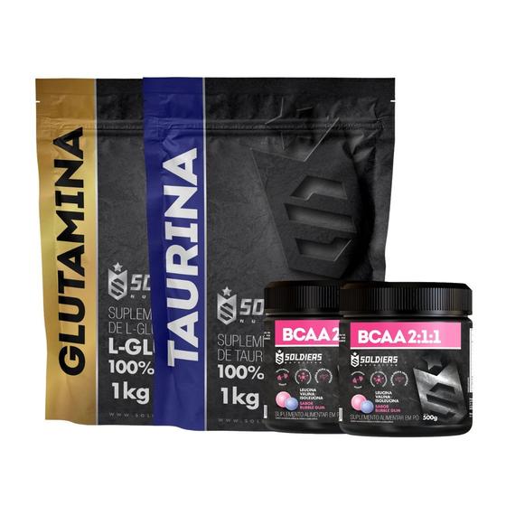 Imagem de Kit: BCAA Em Pó 1kg + Glutamina 1kg + Taurina 1kg - 100% Puro Importado - Soldiers Nutrition