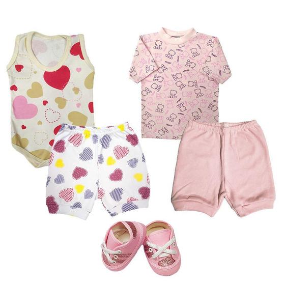 Imagem de Kit Bebê 5 Pças Camiseta Body Regata Shorts e Sapatinho Bebê