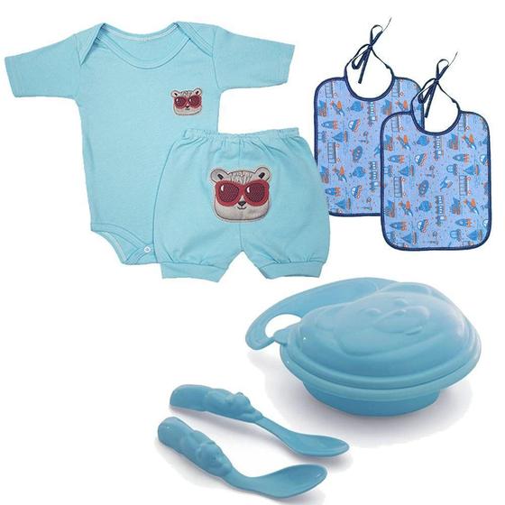 Imagem de Kit Bebê 5 Peças Conjunto Body e Short Kit Papinha e Babador