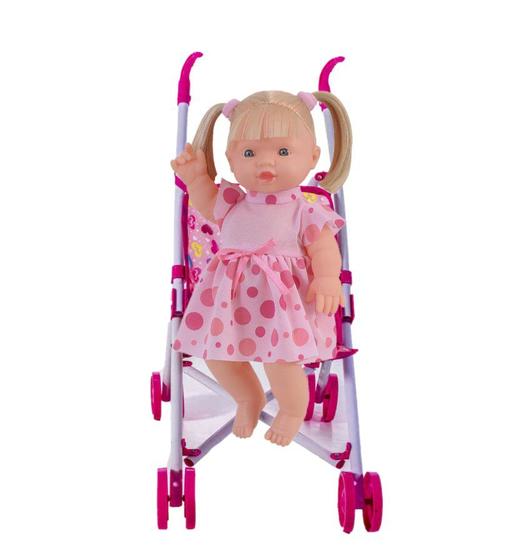 Imagem de Kit Bebê Boneca Linda Elisi Loira + Carrinho de Bebê Rosa