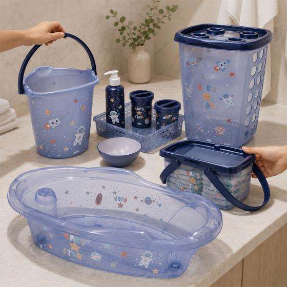 Kit Bebê Completo Astronauta 9 Peças Banheira Cesto Roupas Balde Caixa Higiene Infantil - Plasutil