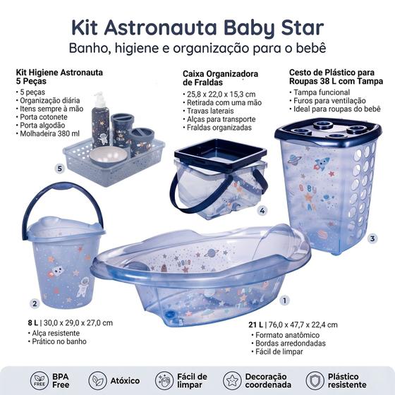 Kit Bebê Completo Astronauta 9 Peças Banheira Cesto Roupas Balde Caixa Higiene Infantil - Plasutil