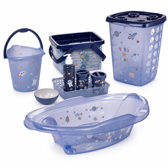 Kit Bebê Completo Astronauta 9 Peças Banheira Cesto Roupas Balde Caixa Higiene Infantil - Plasutil