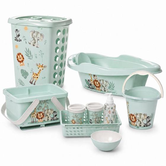 Kit Bebê Completo Bichinhos 9 Peças Banheira Cesto Roupas Balde Caixa Higiene Infantil - Plasútil - Plasutil