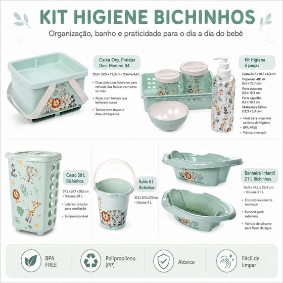 Kit Bebê Completo Bichinhos 9 Peças Banheira Cesto Roupas Balde Caixa Higiene Infantil - Plasútil - Plasutil