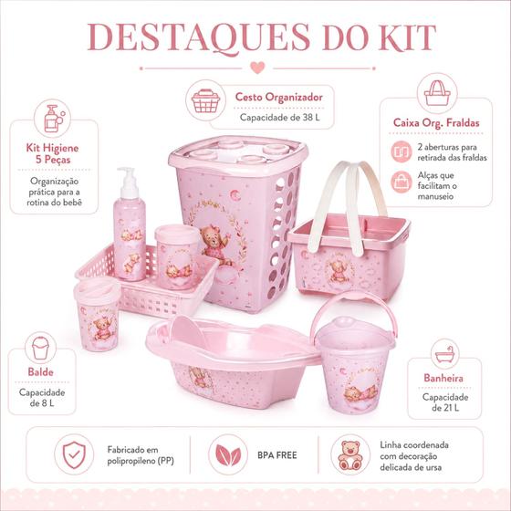 Kit Bebê Completo Ursa Rosa 9 Peças Banheira Cesto Roupas Balde Caixa Higiene Infantil - Plasútil - Plasutil