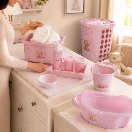 Kit Bebê Completo Ursa Rosa 9 Peças Banheira Cesto Roupas Balde Caixa Higiene Infantil - Plasútil - Plasutil