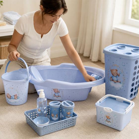Kit Bebê Completo Urso Azul 9 Peças Banheira Cesto Roupas Balde Caixa Higiene Infantil - Plasutil