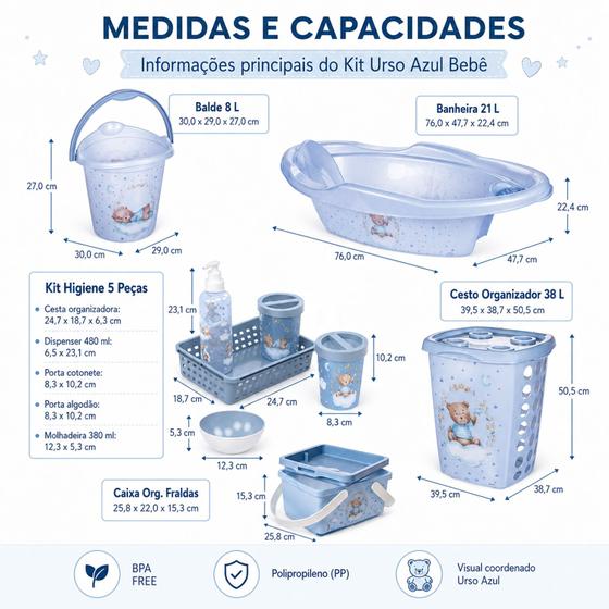 Kit Bebê Completo Urso Azul 9 Peças Banheira Cesto Roupas Balde Caixa Higiene Infantil - Plasutil