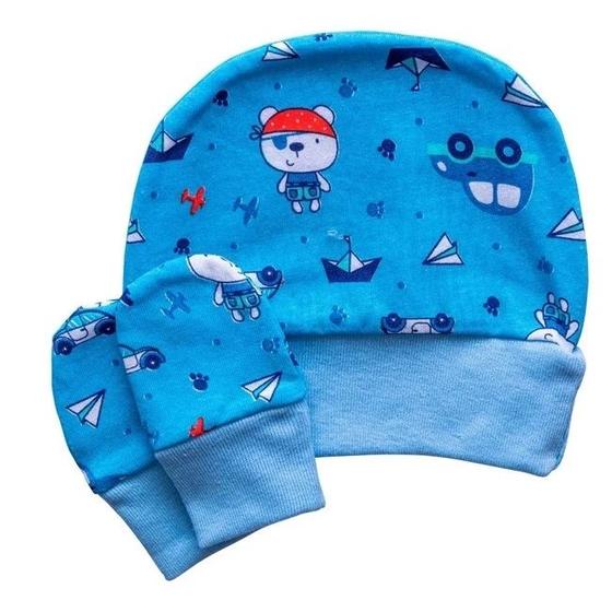 Imagem de Kit bebe touca + luvas 100% algodão baby joy bublim