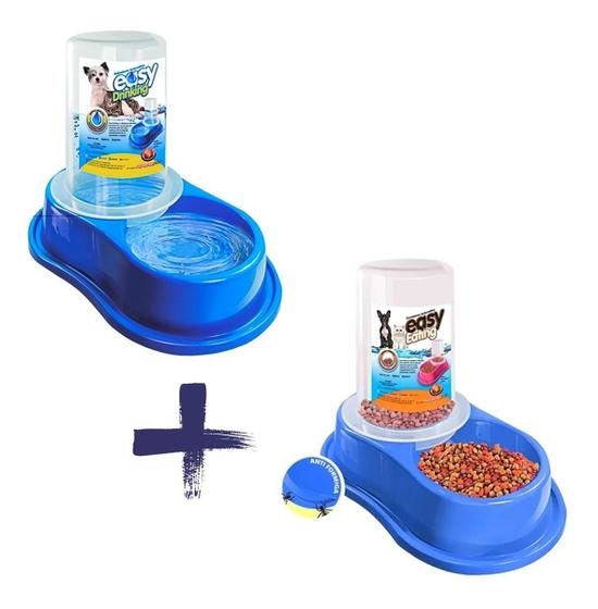 Imagem de Kit Bebedouro E Comedouro Cães Gatos Anti-formiga Automático com Dosador - Azul