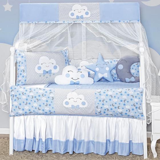 Imagem de Kit Berço 12 Peças Com Saia Box Azul Claro Nuvem Completo