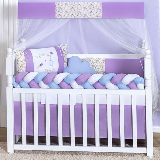 Imagem de Kit Berço Americano Trança 11 Peças Para Bebê Menina Jardim Lilás Nuvem