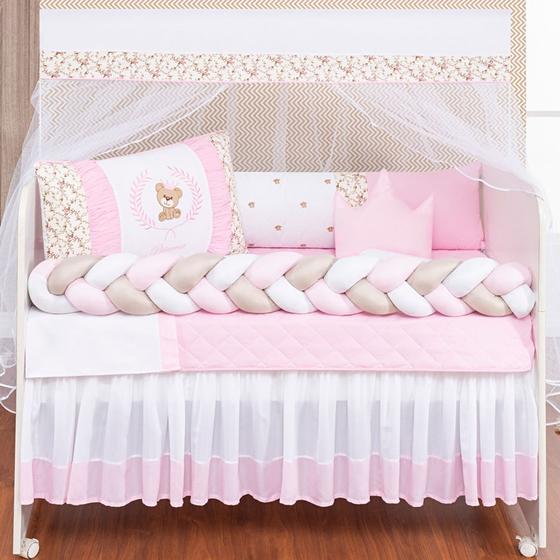 Imagem de Kit berço com trança modelo baby teddy e lençol de elástico conforto 12 peças lançamento