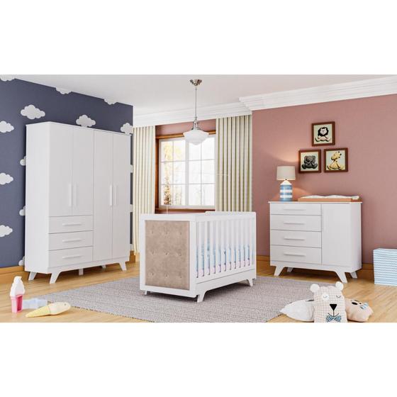 Imagem de Kit Berço Cômoda e Guarda Roupa LS Retro Moveis Peroba MDF Com Capitône