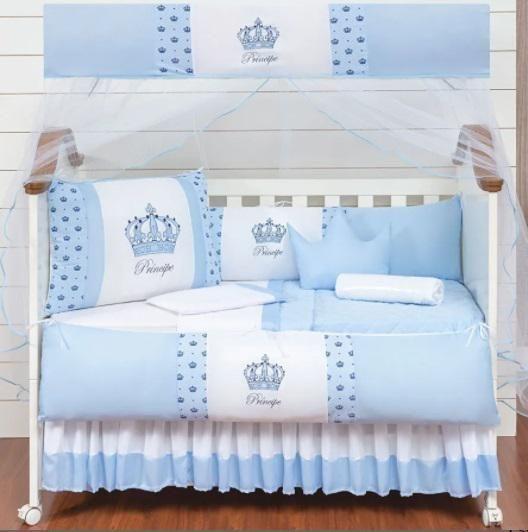 Imagem de Kit Berço Completo Com Duas Proteções Laterais Para Menino 12 pç Coroa Principe Azul Claro Com Saia Box E Lençol Extr