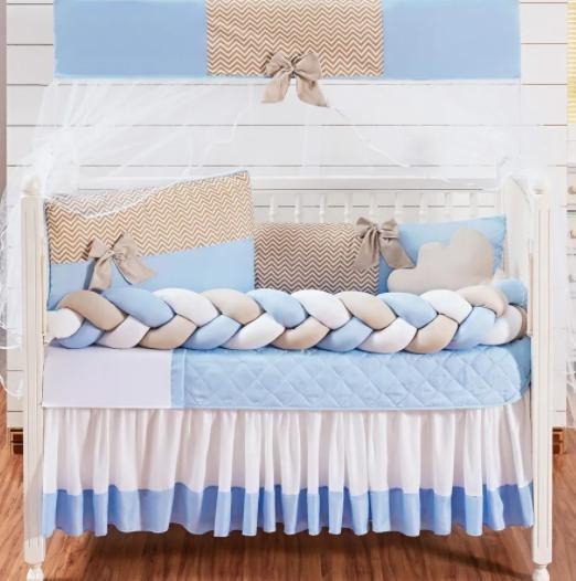 Imagem de Kit Berço E Trança Lateral Completo 12 pç Para Menino Doce Bebê ul Claro Com Saia Box E Mosquiteiro