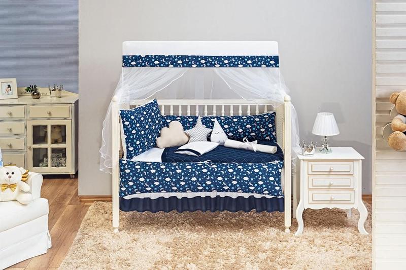 Imagem de Kit Berço Estampado Ceu E Lua Menino Marinho 13 Peças Saia