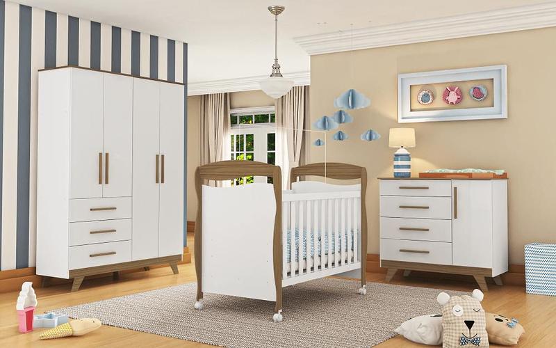 Imagem de Kit Berço Junior Cômoda e Guarda Roupa 4 Portas Retro Moveis Peroba MDF