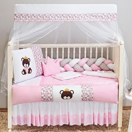 Imagem de Kit Berço Menina Urso Princesa Rosa Claro 11 Peças Saia Box